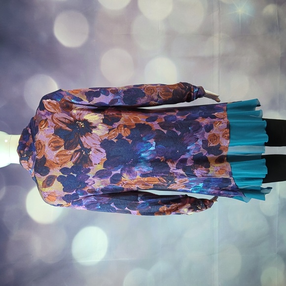 CABLE & GAUGE COWL-NECK FLORAL TUNIC WITH SHEER HEMLINE BORDER sz L - Picture 3 of 6